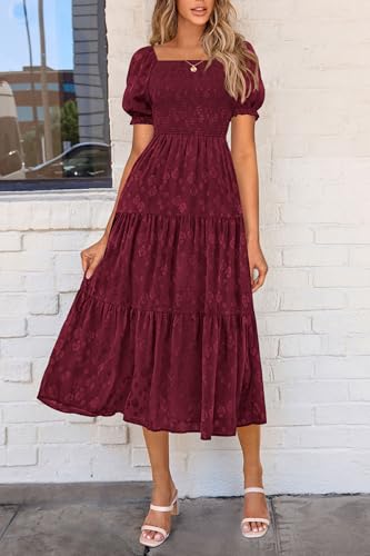 PRETTYGARDEN Women's 2026 Summer Casual Midi Dresses Square Neck Short Sleeve Smocked A Line Floral Flowy Elegant Boho Dress
