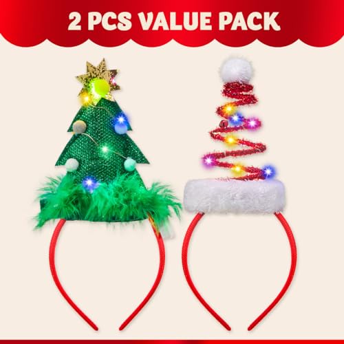 JOYIN 2 PCS Lighted Christmas Headbands with LED lights in Springy Santa Hat Tree Designs for Christmas and Holiday Partie...