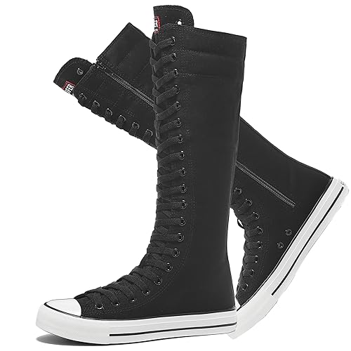 rismart Women's Tall Canvas Boots Knee Length Lace Up Punk Dancing Sneakers