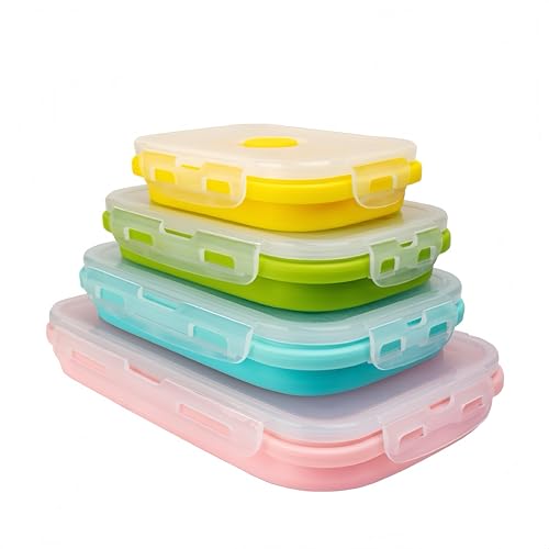 CozyKit Set of 4, Collapsible Silicone Food Storage Container, Leftover Meal Box for Kitchen, Lunch Boxes with Clip-on Li...