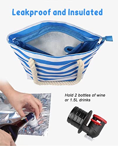 Famolay Beach Wine Tote Bag, Wine Cooler Bag Leakproof Insulated Purse Carrier with Spout Hidden Compartments, Holds 2 bot...