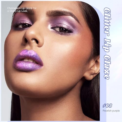 HOSAILY Purple Glitter Lip Gloss Liquid Lipstick, Diamond Shimmer Metallic Sparkly Iridescent Chameleon Lilac Lip Gloss Gi...