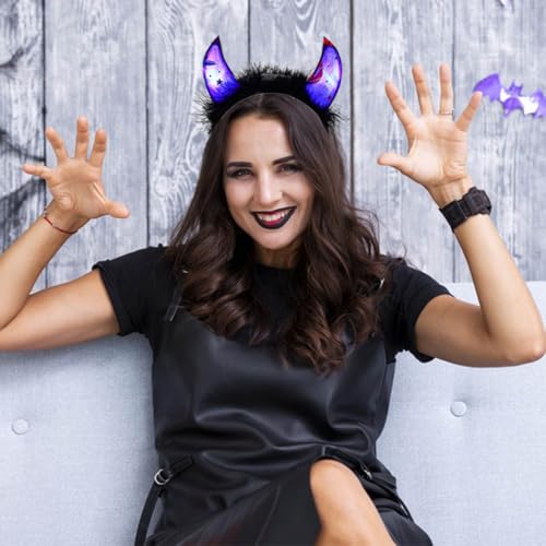 Gangel Light Up Halloween Headbands LED Devil Horns Headband Glittering Cow Horn Headpiece Festive Hair Accessories for Women