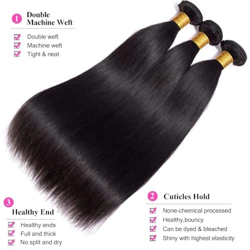 10A Brazilian Straight Human Hair Bundles with Frontal Closure 18 20 22+16 Inch Straight Bundle Human Hair with Closure 100% Unprocessed Virgin Hair Weave 3 Bundles with 13x4 HD Lace Frontal