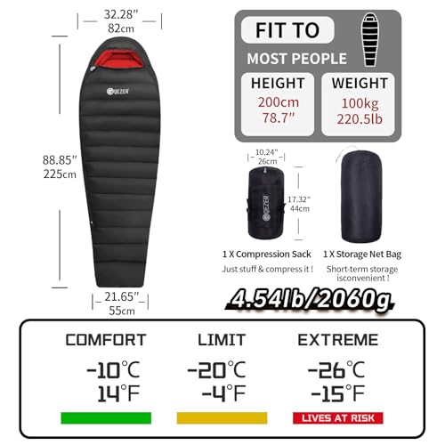 QEZER 0 Degree Sleeping Bag for Adults 650 Fill Power Down Sleeping Bag for Cold Weather -20F / -8F / 0F / 10F Large Light...