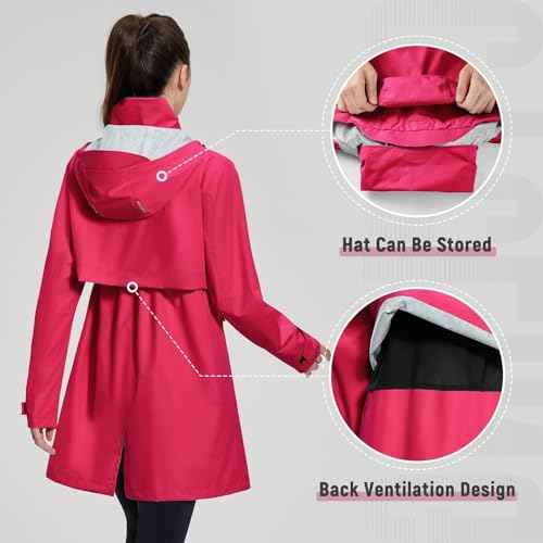 baleaf Women's Long Rain Coat Packable Waterproof Windbreaker Lightweight Cycling Jacket with Hood