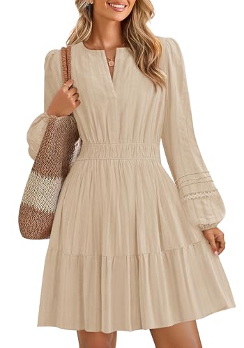 ZESICA Long Sleeve V Neck Mini Dresses for Women 2026 Spring High Waist Ruffle Pleated A Line Cocktail Party Short Dress