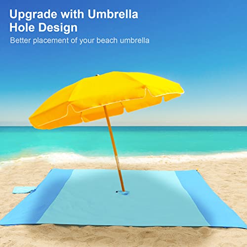 imgokaha Beach Blanket with Umbrella Hole, Large Beach Blanket Waterproof Sandproof, Comfortable Nylon Beach Mat Lightweig...