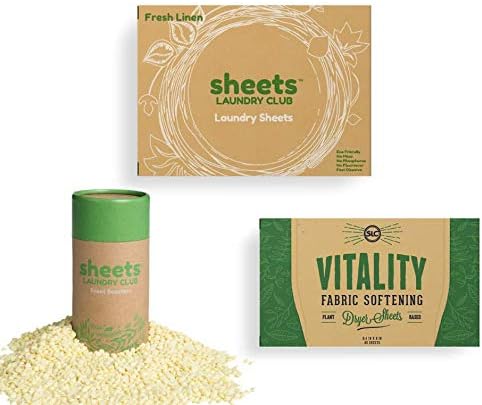 Sheets Laundry Club Bundle - 50 Pack (up to 100 loads) Fresh Linen Detergent Sheets, 40 Pack Free & Clear Dryer Sheets & 8 Oz. Sea Breeze Scent Booster - New Liquidless Technology