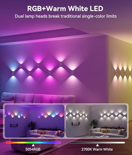 8 Lamp RGBCW Indoor Wall Lights, Up Down Lighting Bedroom Wall Sconces, Music Sync, DIY Styling White Color Changing Wall ...
