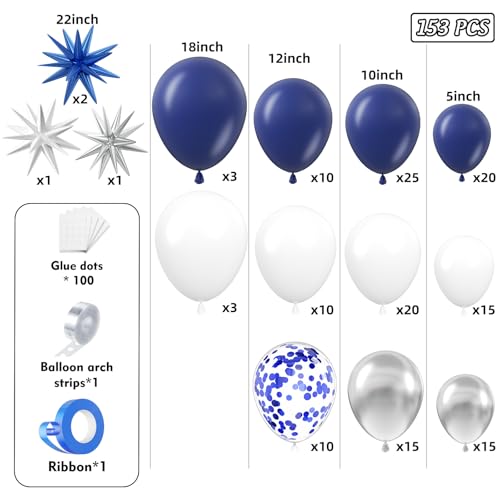 PTGOLUO 153Pcs Navy Blue and Silver Balloons Garland Arch Kit with Stars -22 18 12 10 5 inch Different Size Royal Blue Whi...