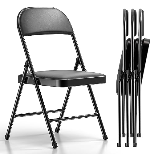 Nazhura 4 Pack Folding Chairs with Padded Cushion and Back, Khaki Metal Chairs with Comfortable Cushion and Durable Steel ...