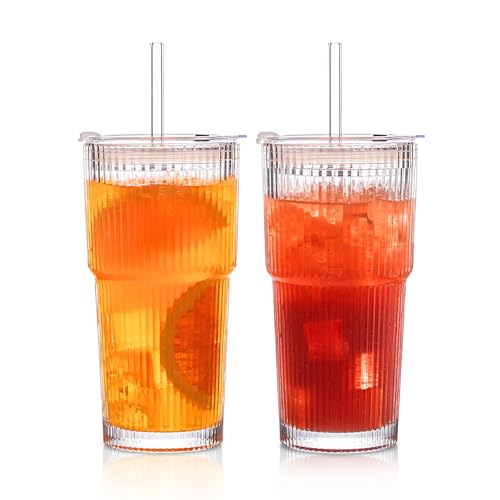 INSETLAN 20 oz Ribbed Glass Tumblers with Lids and Glass Straws – 2-Piece Glassware Set, Heavy-Duty Tumblers, Ideal for Ic...