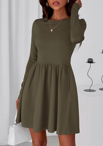 PRETTYGARDEN Women's Long Sleeve Mini Dresses 2025 Fall Casual Crewneck Pleated A Line Party Cocktail Short Dress with Pocket