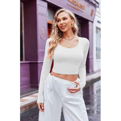 Ekouaer Long Sleeve Crop Tops for Women Scroop Neck Lightweight Basic Base Layer Thermal Undershirts Shirts