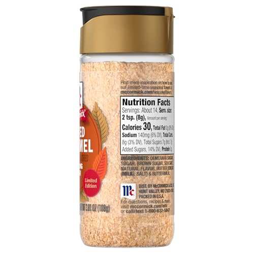 McCormick Finishing Sugar, Salted Caramel, Limited Edition, Creamy Caramel Flavor with a Touch of Salt, For Coffee, Ice Cream, Brownies, Popcorn, Hot Cocoa, and More, 3.81 oz