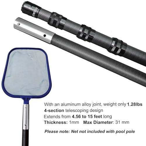 Fzkaly Carbon Fiber Pool Pole, Professional 15 FT Telescoping Swimming Pool Cleaning Pole 4.6 to 15 FT, Ultra-Lightweight ...