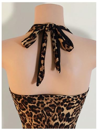SweatyRocks Women's Leopard Print Halter Dress Backless Bodycon Mini Club Party Cheetah Dresses