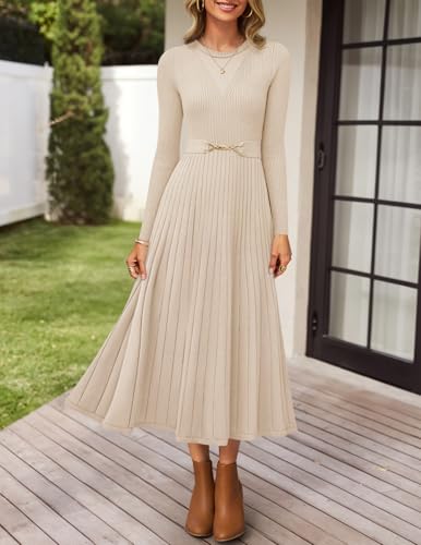 ZESICA Women's Long Sleeve Midi Sweater Dress 2026 Fall Crewneck Knit A Line Pleated Flowy Long Dresses with Belt