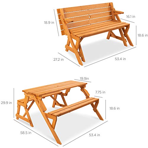 Best Choice Products 2-in-1 Transforming Interchangeable Outdoor Wooden Picnic Table Garden Bench for Backyard, Porch, Pat...