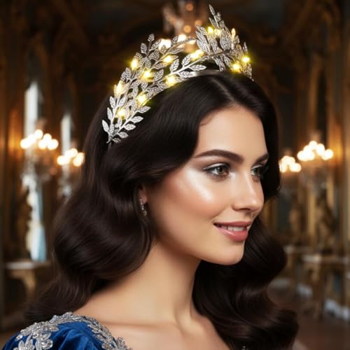 DRESBE Light Up Leaf Headband LED Greek Goddess Headbands Glow Roman Toga Hair Accessories for Women (Silver)