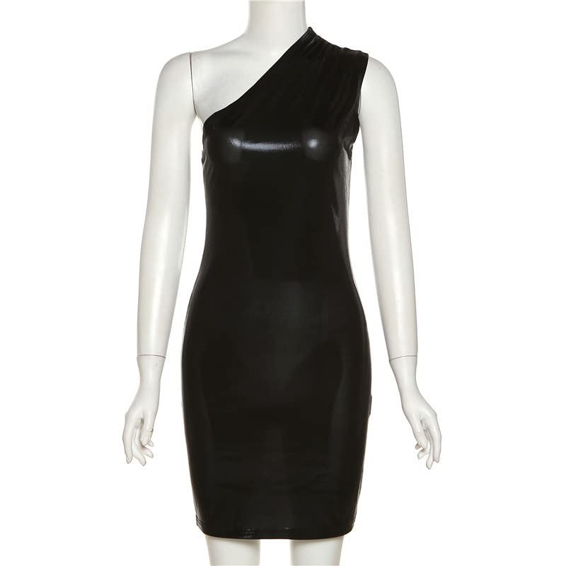 NRTHYE Women Metallic Mini Dress Sexy One Shoulder Sleeveless Backless Bodycon Party Club Short Dresses