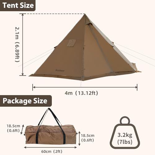 Hot Tent with Stove Jack and Snow Skirt, 6.89~8.53ft Standing Room, 2~5 Person, Tipi Tent for Family Hiking, Fishing, Hunt...