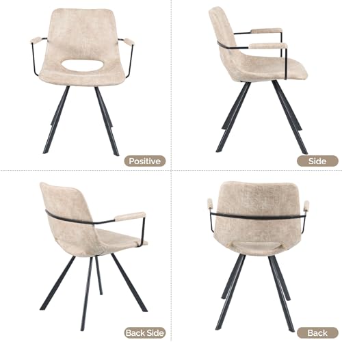Aivermeil Beige Leather Dining Chairs Set of 2, Mid-Century Modern Dining Room Chair with Soft Cushions, Kitchen Chairs with Metal Legs for Kitchen, Living Room