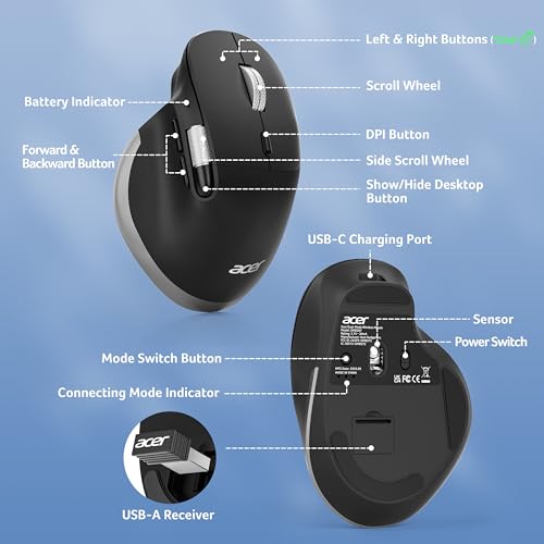 acer Ergonomic Mouse Wireless Rechargeable with Side Scroll (BT5.2+2.4GHz), Bluetooth Computer Mouse for Laptop, 6 Adjusta...