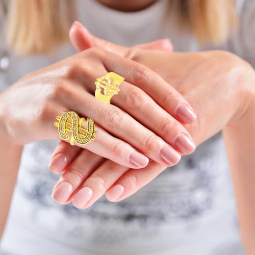 Riuziyi 6 Pack Fake Gold Dollar Sign Chain Necklace Ring for 80s 90s Hip Hop Costumes Outfit, Rapper Jewelry for Men Women