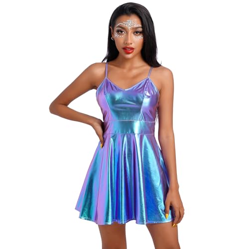 ABAFIP Women Shiny Holographic Sleeveless V-Neck High Waist Rave Disco Dance Party Music Festival Dress 70s Outfit