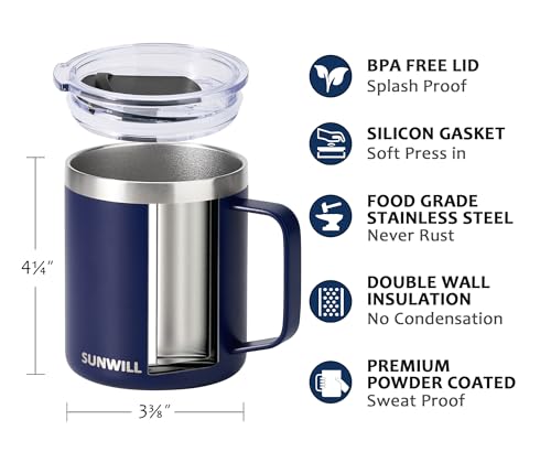 SUNWILL Insulated Coffee Mug with Lid, Travel Tumbler with Handle, 14oz Stainless Steel Cup for Camping, Office, Home, Pow...