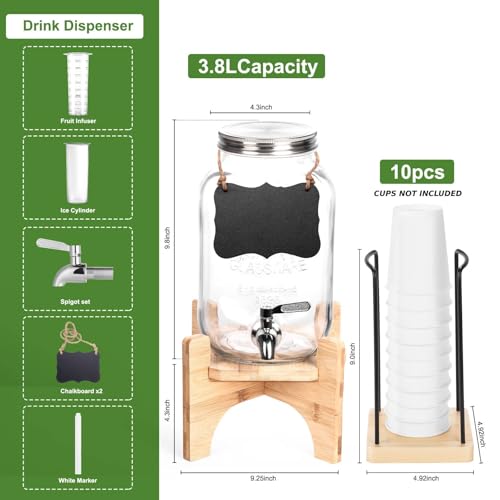 Glass Drink Dispenser with Stand, 1 Gallon Beverage Dispenser for Parties with Cup Holder, Includes Ice & Fruit Infuser, 1...