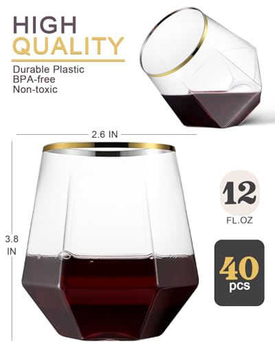 Maaacute 40 Pcak Plastic Stemless Wine cocktail Whiskey Champagne Glasses, 12 Oz Gold Rim Disposable Clear Unbreakable Cup...