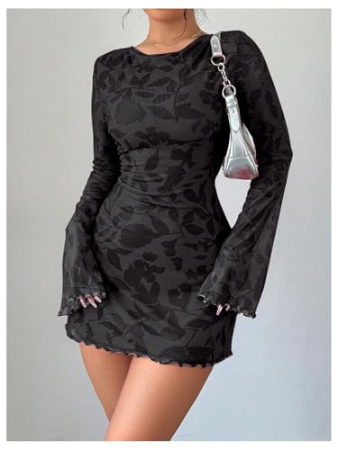 MakeMeChic Women's Floral Print Long Sleeve Mini Dress Mesh Backless Y2k Going Out Dresses