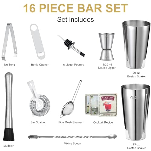 Perjoy Cocktail Shaker Set, 16 Piece Bartender Kit, Cocktail Shaker, Stainless Steel Bar Set Accessories, Coktail Set, Bos...