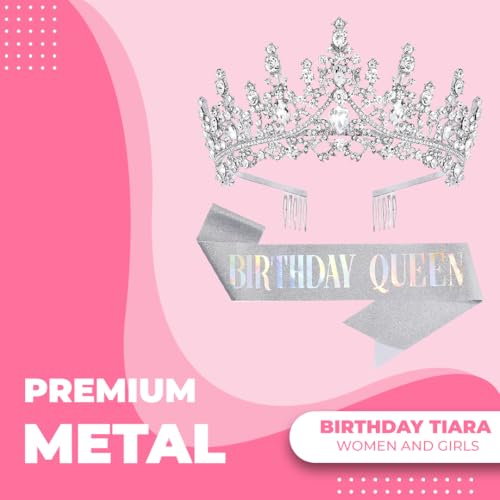 Papoopy Birthday Tiara Crown with Sash for Women, Headband Hair Accessories for Wedding Party Costume Silver