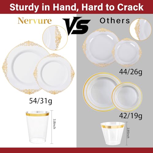 Nervure 350PCS Gold Plastic Plates - Gold Plastic Dinnerware Sets for 50 Guests - 100 Disposable Plates, 150 Silverware, 5...