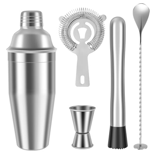 5Pcs Cocktail Shaker Kit Stainless Steel Shaker Set with 18Oz Shaker Reusable Cleaning Shaker Cocktail Making Set Ice Stra...