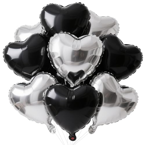 18 Inch Black Silver Heart Balloons, 12 Pcs Heart Foil Mylar Balloons, Black Silver Birthday Decoration, Heart Shaped Ball...