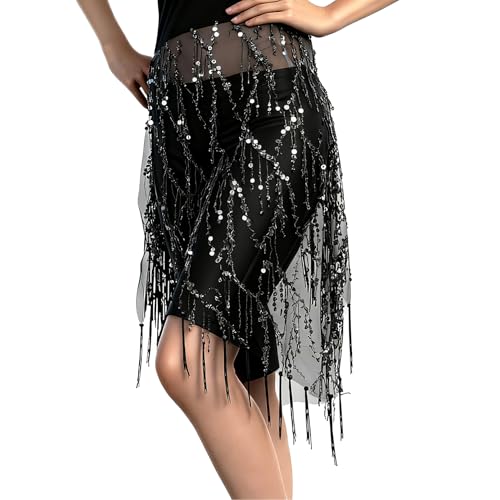 Women's Belly Dance Hip Scarf with Sequins, Triangle Shawl Tassels Belly Dancing Waist Scarf Belt for Performance, Costum...