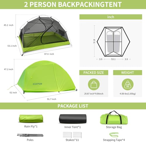 CANTUO 2 Person Backpacking Tent 3 Season Camping Tent Ultralight Waterproof Windproof Easy Set Up for Outdoor Hiking Cycling