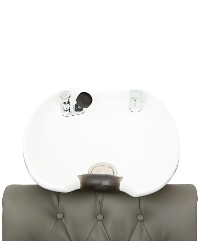 Buy-Rite Chelsea Backwash Unit – Tilting White Porcelain Shampoo Bowl, Gray Tufted Vinyl Chair, Brass Nailhead Trim, Removable Seat Cushion, European Faucet