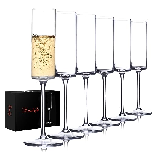 BACLIFE Crystal Champagne Flutes Set of 6 - Hand Blown Champagne Glasses With Long Stem - 6.5 oz Elegant Sparkling Wine St...