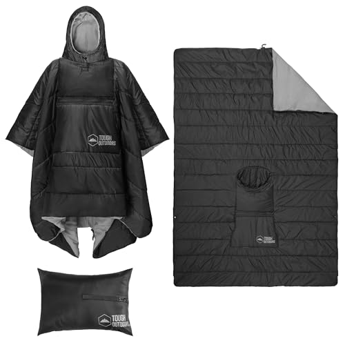 Tough Outdoors 5 in 1 Camping Poncho - Packable Blanket - Wearable Sleeping Bag Adult - Sleeping Bag Poncho - Waterproof