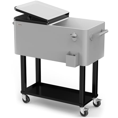 VINGLI 80 Quart Rolling Ice Chest on Wheels, Portable Patio Party Bar Drink Cooler Cart, with Shelf, Beverage Pool with Bo...