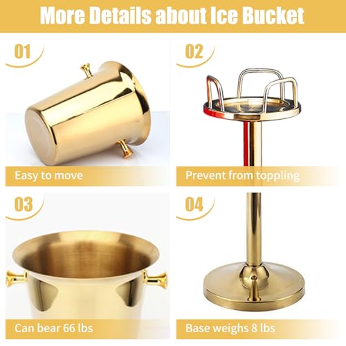 Gold Ice Bucket with Stand, large Champagne Ice Bucket 1.32 gal, Stainless Steel Ice Bucket, 3Ft Tall Ice Bucket for Cockt...