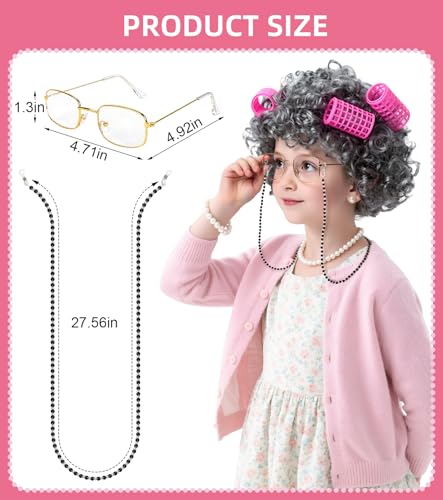 EVAFESNS 100 Days of School Old Lady Grandma Costume Accessories Set with Wig, Glasses, Cane & Faux Pearl Set