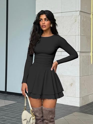 Kaximil Women's Crew Neck Long Sleeve Corset Mini Dress Ruffle Hem Short Party Club Dresses