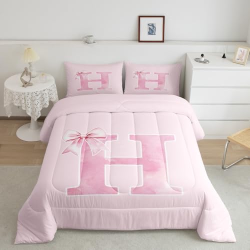 Erosebridal Bowknot Bedding Twin,Monogrammed Bows Comforter Set for Girls,Initial Birthday Gifts Quilt for Mom Daughter Sister,Unique Bedroom Room Decor,Luxury Soft(H)